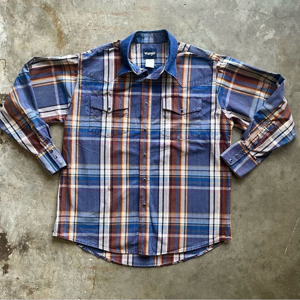 Vintage Western Wrangler Blue Pearl Snap Button Down Size Large